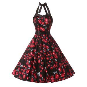 Dress Tells PinUp Swing Dress  Size S  Roses Retro Halter Rockabilly